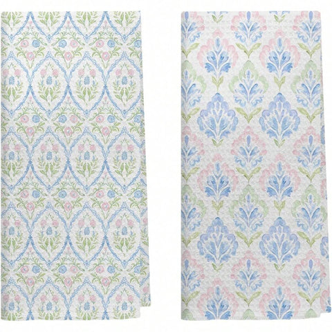 2pcs 16x24 Inch Grandmillennial Pink And Blue Floral Kitchen Dish Towels, Cottagecore Pink And Green Flower Decorative Hand Towels For Bathroom Kitchen, Grand Millenial Bathroom Decor, For Birthday Anniversaries, Valentine's Day, Thanksgiving